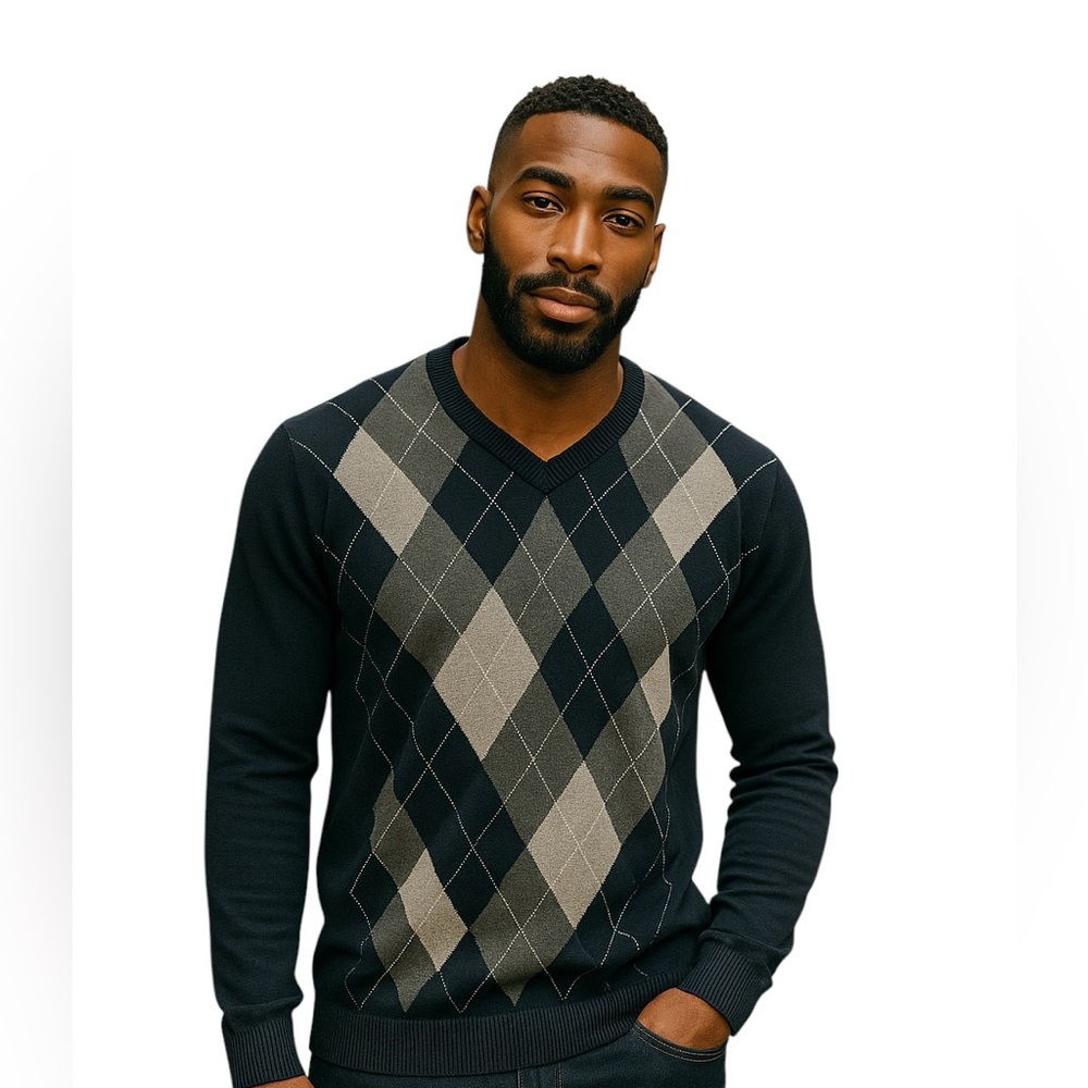 Banana Republic Men's Cashmere Medium Argyle Pullover Sweater Navy Gray Cotton